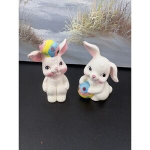 Vintage Frankel Ceramic Easter Bunny Figurines Set of 2 White Rabbit Taiwan 4"